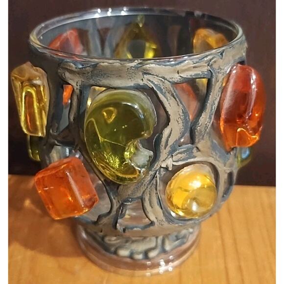 Vintage Stained glass Bead Votive Candle Holder 70s orange yellow green goblet - Picture 5 of 7